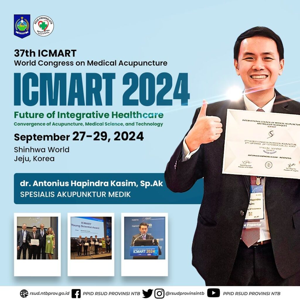 dr. Antonius Hapindra Kasim, Sp.Ak Raih Penghargaan ICMART sebagai 1st Winner of Young Scientist Award dalam Acara ICMART World Congress on Medical Acupuncture di Jeju, Korea Selatan